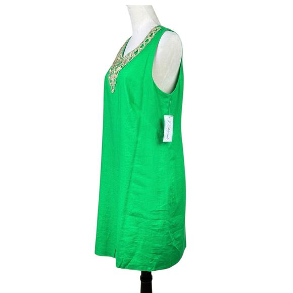 J Howard NWT Kelly Green Linen Blend Gold Lace Trim Sleeveless Shift Dress - Picture 3 of 12